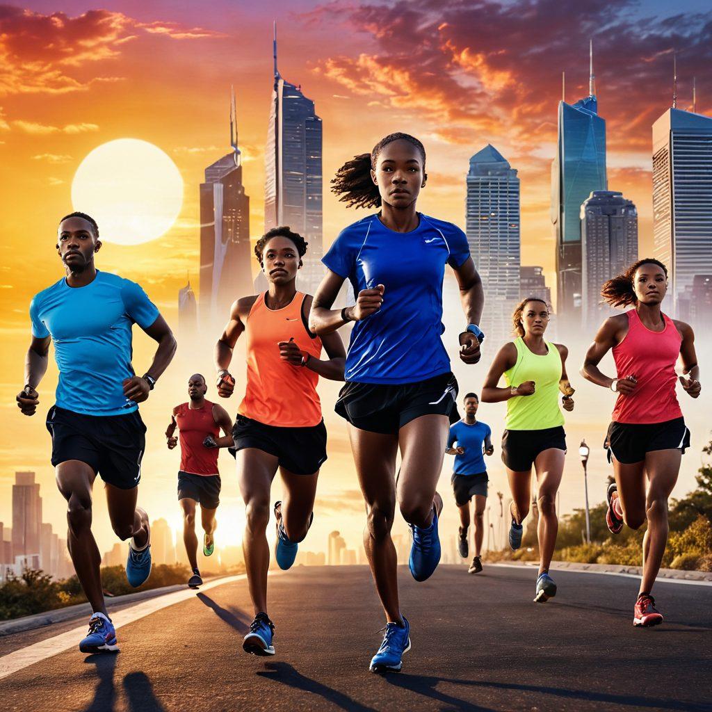 A dynamic scene depicting a diverse group of runners in motion, showcasing various running gear and accessories like hydration packs, running shoes, and fitness watches. The background features a vibrant sunrise over a city skyline, symbolizing energy and new beginnings. Incorporate motivational quotes about running subtly in the sky. The overall mood should evoke a sense of community and determination. super-realistic. vibrant colors.