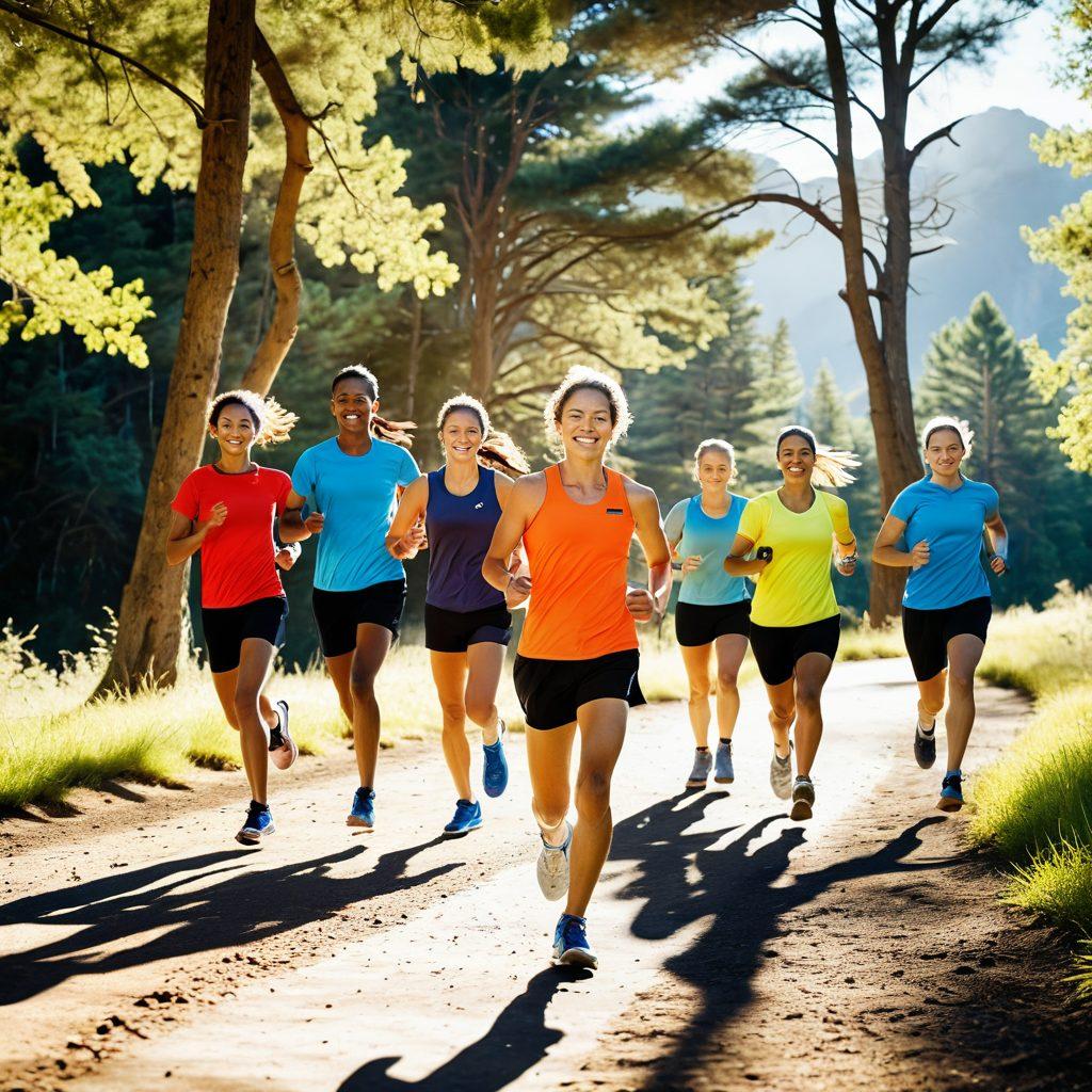 A dynamic scene depicting a vibrant running track transitioning into a nature trail, showcasing diverse running equipment like sneakers, fitness trackers, and hydration packs along the path. Captured in action, a group of runners of various ages and backgrounds sprint joyfully, with trees and mountains in the background. The equipment gleams under the sun, emphasizing performance and adventure. super-realistic. vibrant colors. outdoor setting.