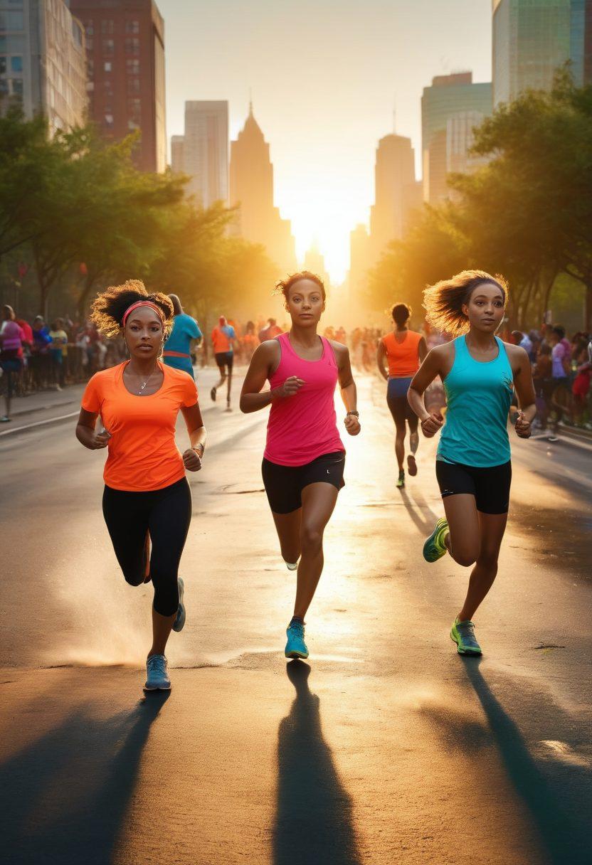 A dynamic scene of a diverse group of runners in an urban setting, showcasing a vibrant sunrise that symbolizes new beginnings. Each runner wears unique gear that represents various styles and cultures, while splashes of color from their clothing create an energetic atmosphere. The background features a cityscape with green parks and motivational quotes floating in the air. This lively composition evokes inspiration and determination. super-realistic. vibrant colors. 3D.